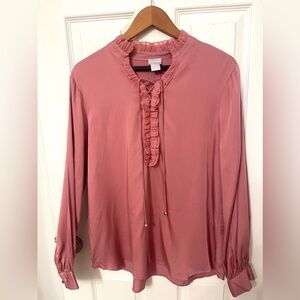 Chico’s Ruffle Blouse Long Sleeve Chiffon Burnished Rose Drawstring Sz 2…